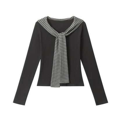 Striped V-Neck Tie-Front Fitted Tee with Long Sleeves