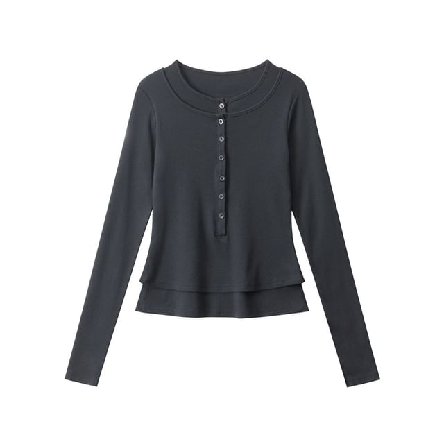 Layered Henley Tee with Long Sleeves and Round Neckline