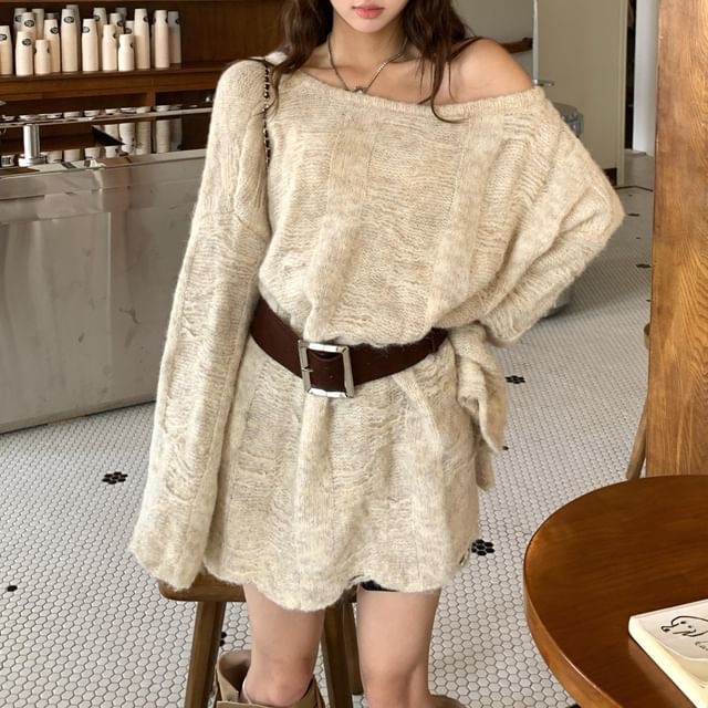 Distressed Boat Neck Knit Top with Belt