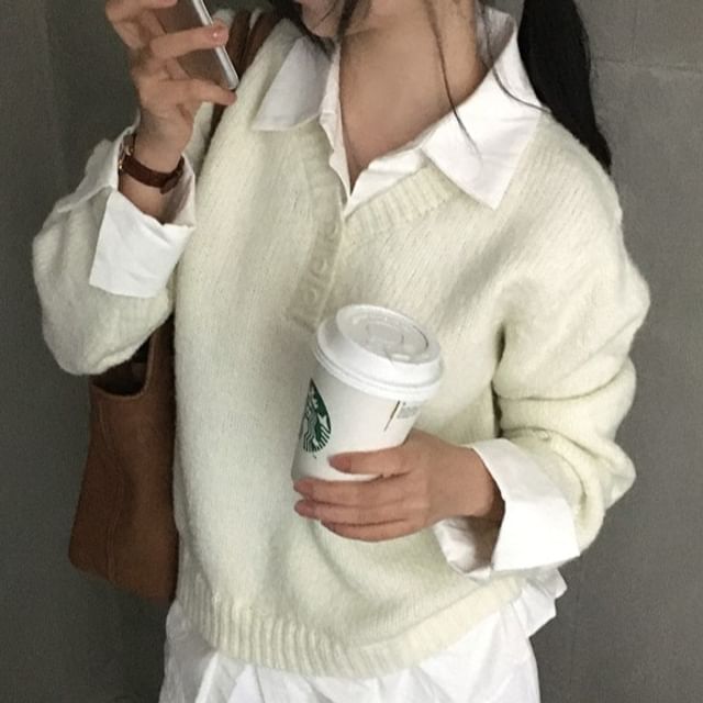 Collar Henley Sweater with Mock Two-Piece Style