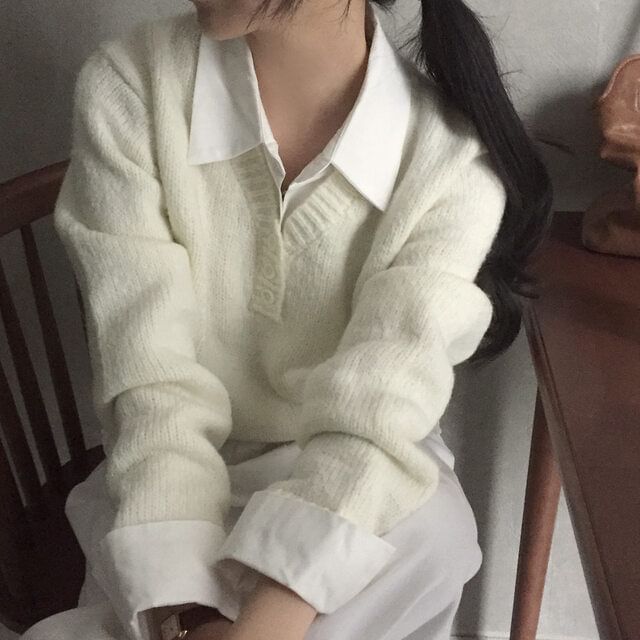 Collar Henley Sweater with Mock Two-Piece Style