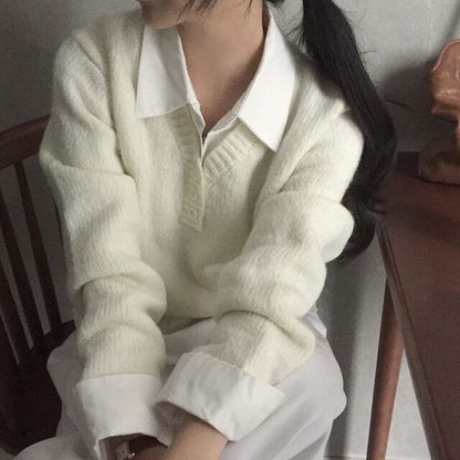 Collar Henley Sweater with Mock Two-Piece Style
