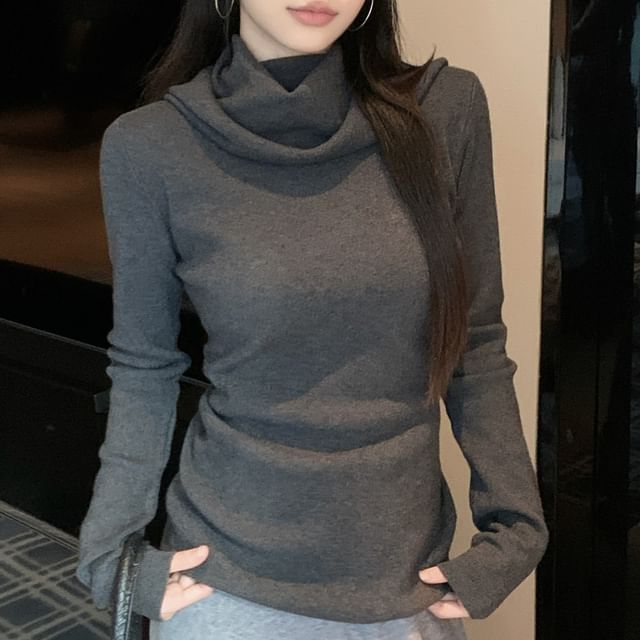 Hooded Knit Top with Turtleneck and Long Sleeves