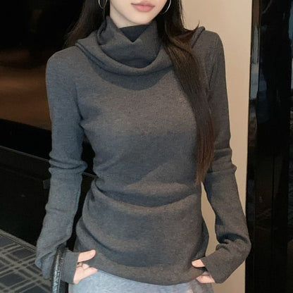 Hooded Knit Top with Turtleneck and Long Sleeves