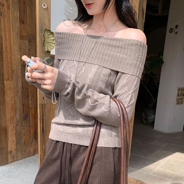 Off-Shoulder Cable Knit Pullover with Long Sleeves