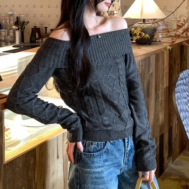 Off-Shoulder Cable Knit Pullover with Long Sleeves