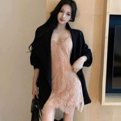 Round Neck Plain Double Breasted Trench Jacket / Spaghetti Strap V-Neck Lace A-Line Dress (Various Designs)