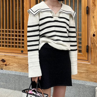 Striped Buckled Sweater with Collar