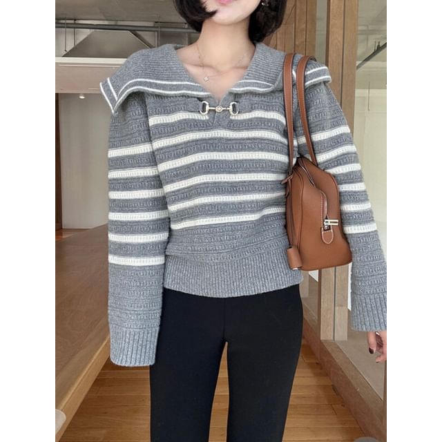 Striped Buckled Sweater with Collar