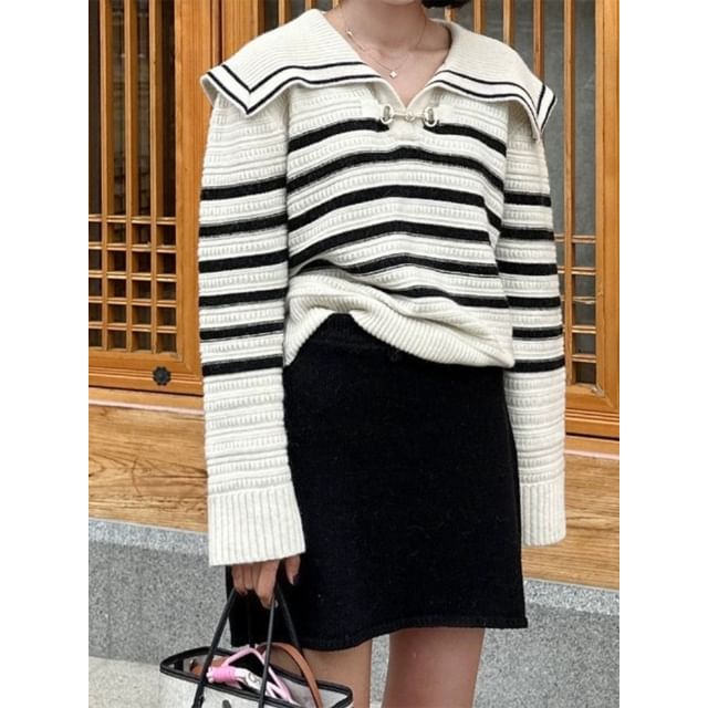 Striped Buckled Sweater with Collar