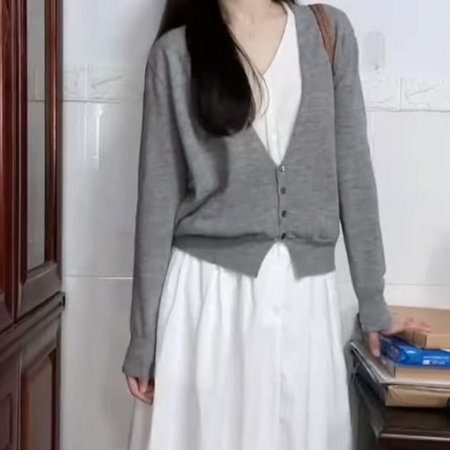 Mock Two-Piece Button Knit Top with V-Neck