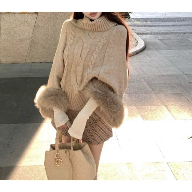 Cable Knit Cape Sweater with Fluffy Cuff & Turtleneck