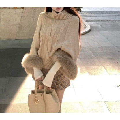 Cable Knit Cape Sweater with Fluffy Cuff & Turtleneck