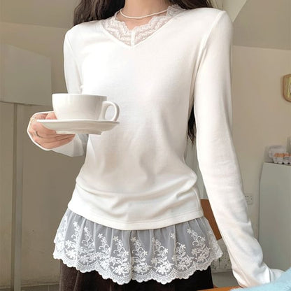 V-Neck Slim-Fit Tee with Lace Panels and Long Sleeves