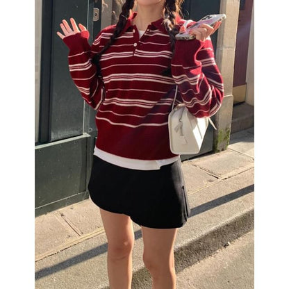 Striped Loose-Fit Polo Sweater with V-Neck