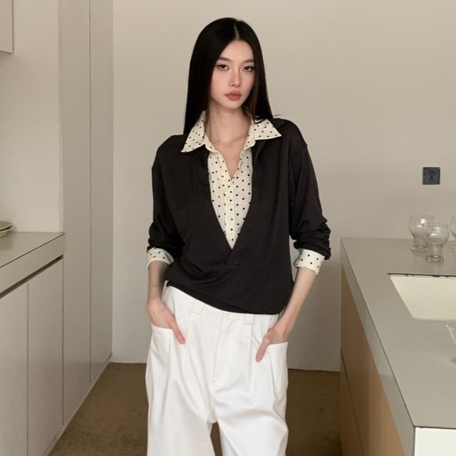 Dotted Collar Long-Sleeve Two-Piece Tee