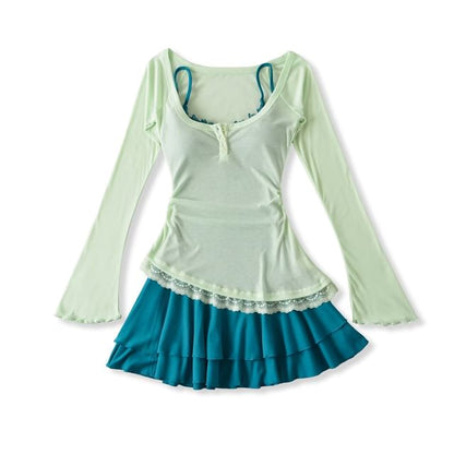 Set: Spaghetti Strap V-Neck Lace Trim Layered Mini A-Line Dress + Long-Sleeve Scoop Neck Asymmetrical T-Shirt