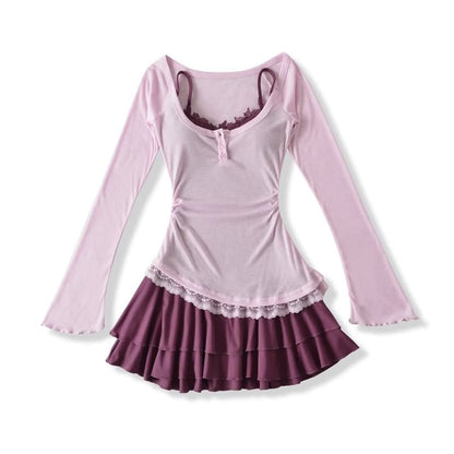 Set: Spaghetti Strap V-Neck Lace Trim Layered Mini A-Line Dress + Long-Sleeve Scoop Neck Asymmetrical T-Shirt