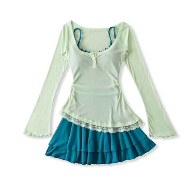 Set: Spaghetti Strap V-Neck Lace Trim Layered Mini A-Line Dress + Long-Sleeve Scoop Neck Asymmetrical T-Shirt