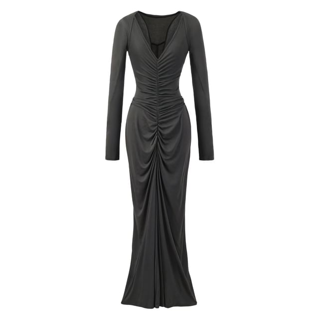 Set: Spaghetti Strap V-Neck Plain Ruched Racerback Maxi Mermaid Dress + Shrug