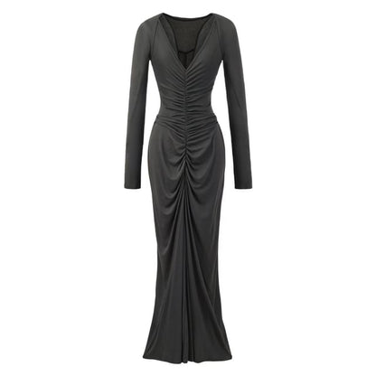 Set: Spaghetti Strap V-Neck Plain Ruched Racerback Maxi Mermaid Dress + Shrug