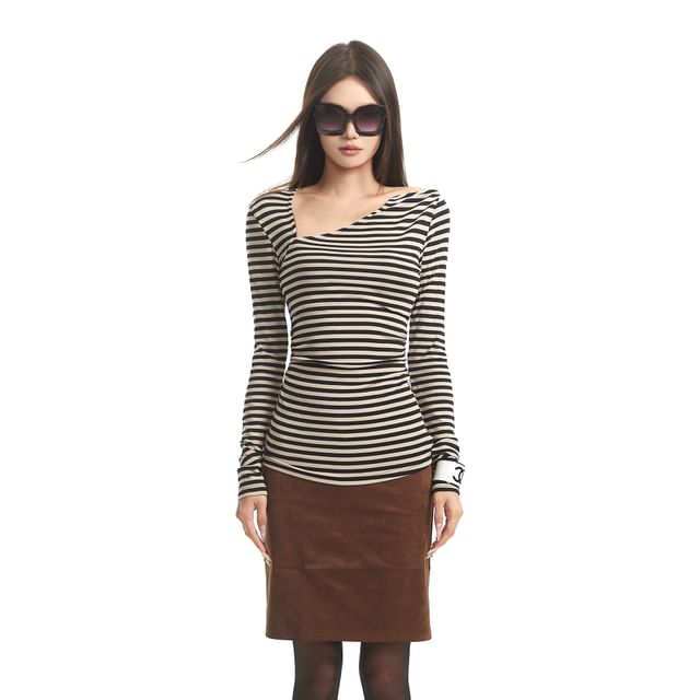 Asymmetric Neck Striped Tee with Long Sleeves