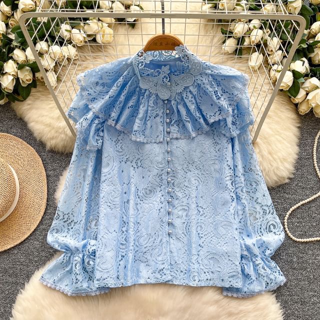 Pearl-Button Lace Blouse with Faux Details
