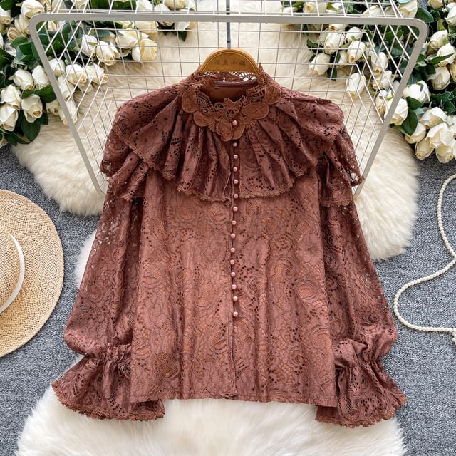 Pearl-Button Lace Blouse with Faux Details