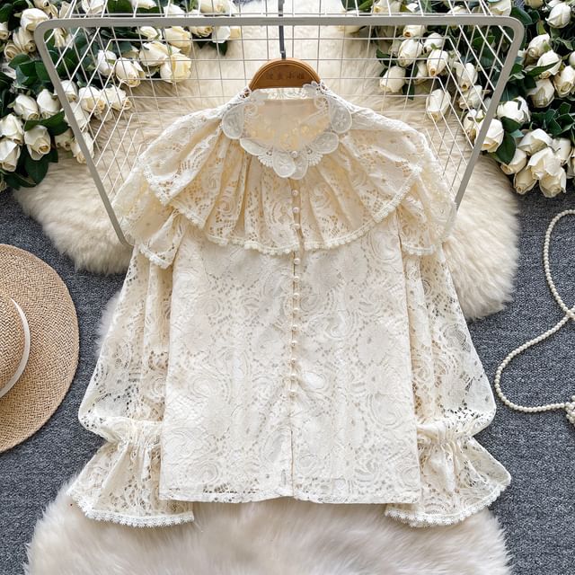 Pearl-Button Lace Blouse with Faux Details