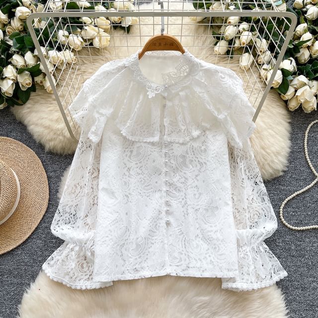 Pearl-Button Lace Blouse with Faux Details