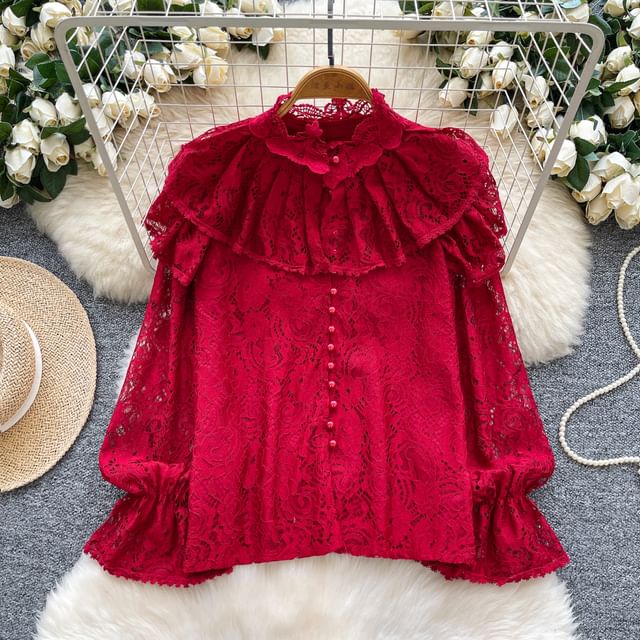 Pearl-Button Lace Blouse with Faux Details