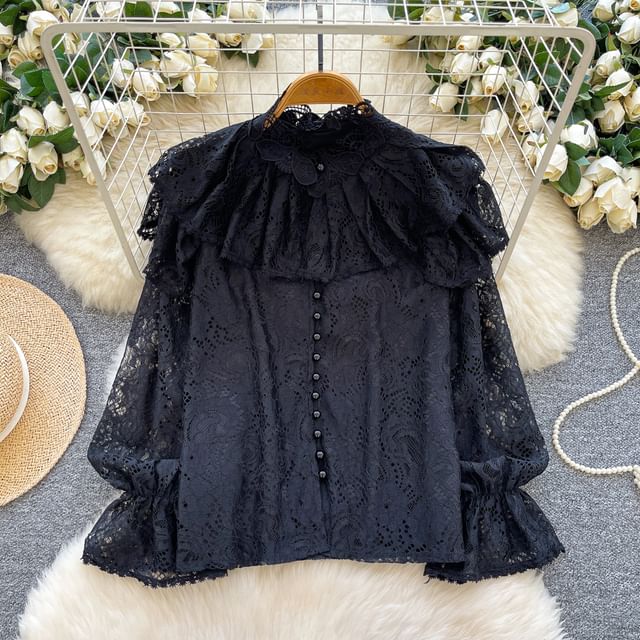 Pearl-Button Lace Blouse with Faux Details