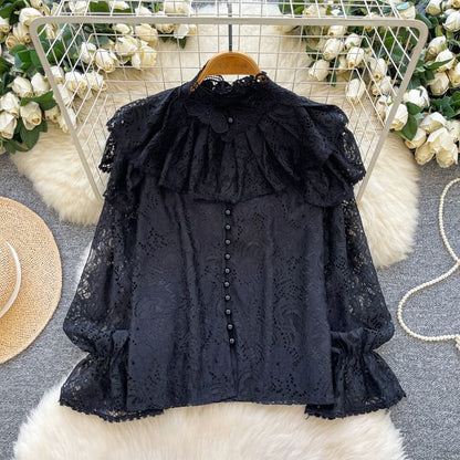 Pearl-Button Lace Blouse with Faux Details