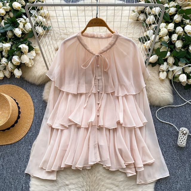 Tiered Frill-Trim Long-Sleeve Blouse