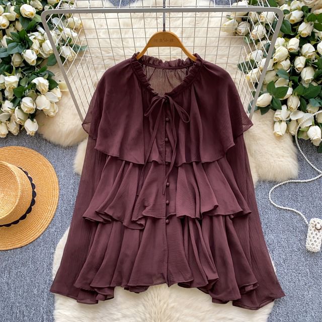 Tiered Frill-Trim Long-Sleeve Blouse