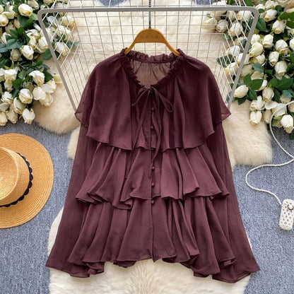 Tiered Frill-Trim Long-Sleeve Blouse