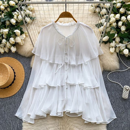 Tiered Frill-Trim Long-Sleeve Blouse