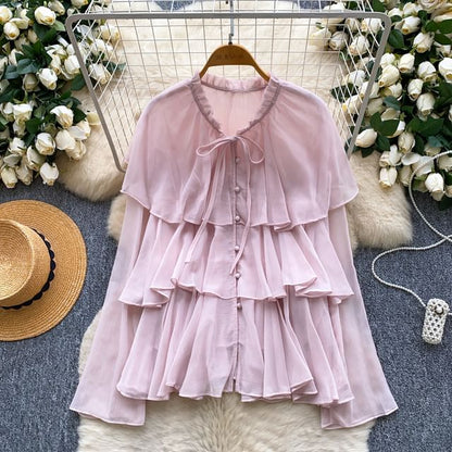 Tiered Frill-Trim Long-Sleeve Blouse