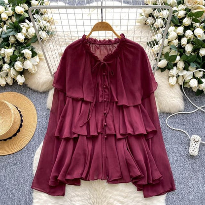 Tiered Frill-Trim Long-Sleeve Blouse