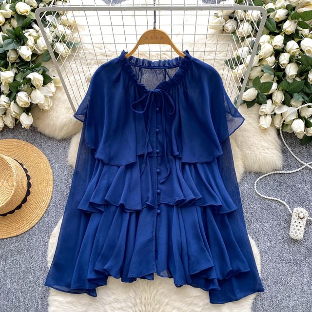 Tiered Frill-Trim Long-Sleeve Blouse