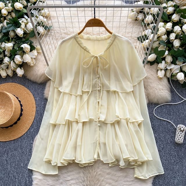 Tiered Frill-Trim Long-Sleeve Blouse