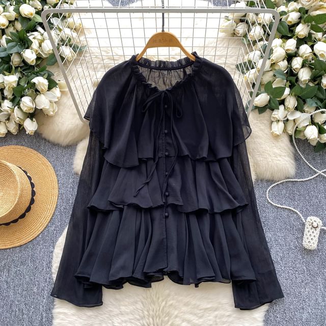 Tiered Frill-Trim Long-Sleeve Blouse