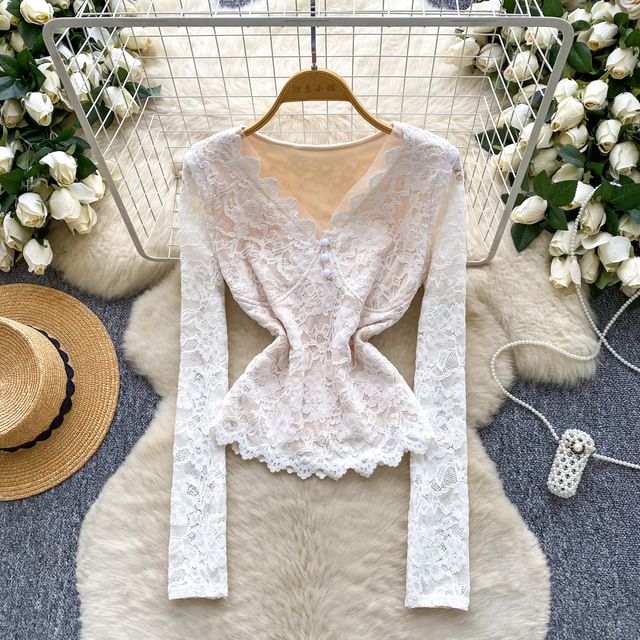 Lace-Trimmed V-Neck Slim Top