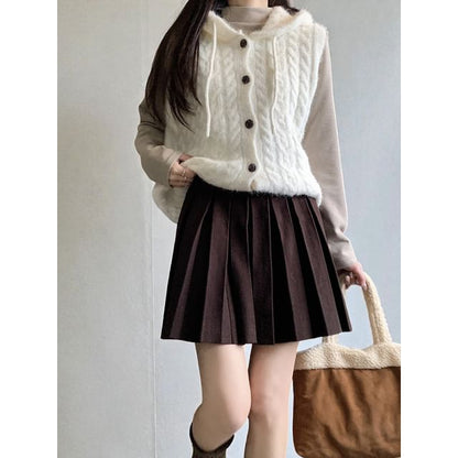 Knitted High-Waist Pleated A-Line Mini Skirt