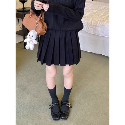 Knitted High-Waist Pleated A-Line Mini Skirt