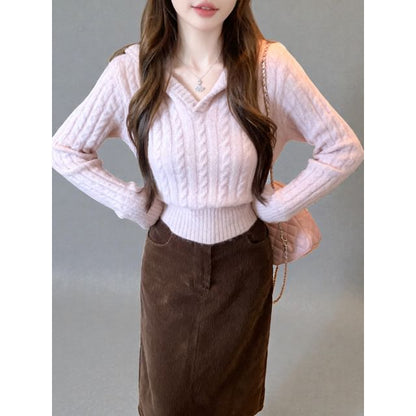 Cable Knit V-Neck Sweater with Corduroy Maxi Skirt