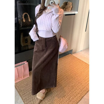 Cable Knit V-Neck Sweater with Corduroy Maxi Skirt