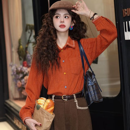 Embroidered Shirt with Collar and Long Sleeves