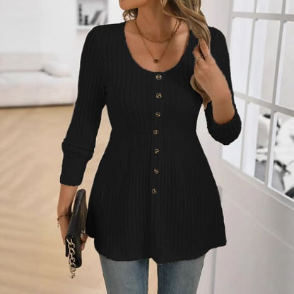Buttoned Scoop Neck Ribbed Long Sleeve Top