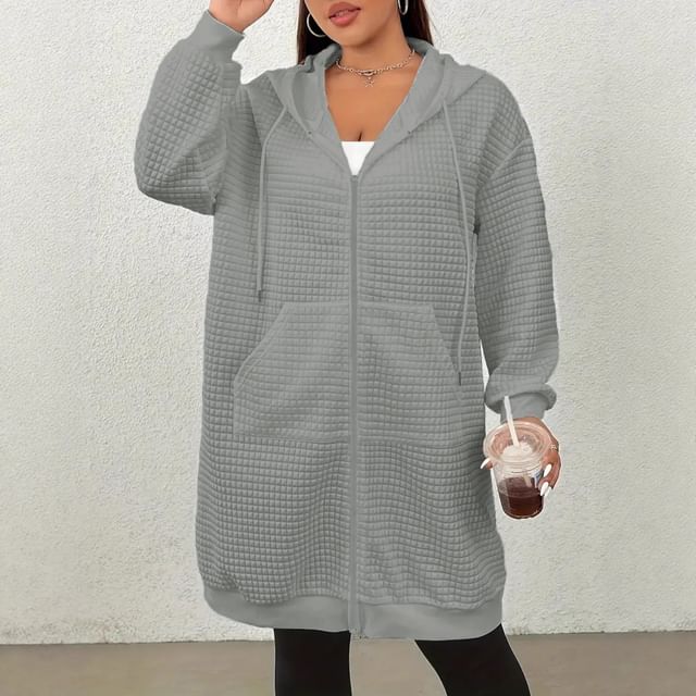Waffle Texture Zip-Up Long Sleeve Hoodie